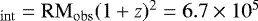 Mathematical equation: $_{\mathrm{int}} = \mathrm{RM}_{\mathrm{obs}}(1+z)^2=6.7\times10^5$