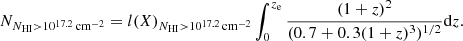Mathematical equation: $$ \begin{aligned} N_{N_{\rm HI}>10^{17.2}\,\mathrm{cm}^{-2} } = l(X)_{N_{\rm HI}>10^{17.2}\,\mathrm{cm}^{-2} } \int ^ {z_{\rm e}} _ {0} {(1 + z)^2 \over (0.7 + 0.3 (1 + z)^3)^ {1/2}} \mathrm{d}z.\nonumber \end{aligned} $$