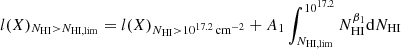Mathematical equation: $$ \begin{aligned} l(X)_{N_{\rm HI}>N_{\rm HI, lim}} = l(X)_{N_{\rm HI}>10^{17.2}\,\mathrm{cm}^{-2} } + A_1 \int ^ {10^{17.2} }_ {N_{\rm HI, lim}} N_{\rm HI}^{\beta _1} \mathrm{d}N_{\rm HI}\nonumber \end{aligned} $$