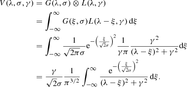 Mathematical equation: $$ \begin{aligned} \begin{split} V(\lambda ,\sigma , \gamma )&= G(\lambda , \sigma ) \otimes L(\lambda , \gamma ) \\&= \int _{-\infty }^{\infty } G(\xi , \sigma ) L(\lambda - \xi , \gamma )\,\mathrm{d}\xi \\&= \int _{-\infty }^{\infty } \frac{1}{\sqrt{2 \pi } \sigma } \mathrm{e}^{- \left( \frac{\xi }{\sqrt{2} \sigma } \right)^2 } \frac{1}{\gamma \pi } \frac{\gamma ^2}{(\lambda - \xi )^2 + \gamma ^2} \mathrm{d}\xi \\&= \frac{\gamma }{\sqrt{2} \sigma } \frac{1}{ \pi ^{3/2}} \int _{-\infty }^{\infty } \frac{\mathrm{e}^{- \left( \frac{\xi }{\sqrt{2} \sigma } \right)^2 }}{(\lambda - \xi )^2 + \gamma ^2}\,\mathrm{d}\xi . \end{split} \end{aligned} $$
