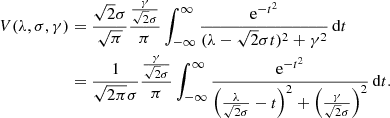 Mathematical equation: $$ \begin{aligned} \begin{split} V(\lambda ,\sigma , \gamma )&= \frac{\sqrt{2} \sigma }{ \sqrt{{\pi }}} \frac{\frac{\gamma }{\sqrt{2} \sigma }}{\pi } \int _{-\infty }^{\infty } \frac{\mathrm{e}^{- t^2 }}{(\lambda - \sqrt{2} \sigma t)^2 + \gamma ^2}\,\mathrm{d}t \\&= \frac{1}{\sqrt{2 \pi } \sigma } \frac{\frac{\gamma }{\sqrt{2} \sigma }}{\pi } \int _{-\infty }^{\infty } \frac{\mathrm{e}^{- t^2 }}{\left(\frac{\lambda }{\sqrt{2} \sigma } - t\right)^2 + \left(\frac{\gamma }{\sqrt{2} \sigma }\right)^2}\,\mathrm{d}t. \end{split} \end{aligned} $$