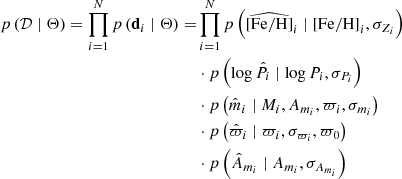 Mathematical equation: $$ \begin{aligned} \begin{split} p\left(\mathcal{D} \mid \mathbf \Theta \right) = \prod _{i=1}^{N}p\left(\mathbf d _{i}\mid \mathbf \Theta \right) =& \prod _{i=1}^{N}p\left(\widehat{[\mathrm {Fe/H}]}_{i}\mid {[\mathrm {Fe/H}]}_{i},\sigma _{Z_{i}}\right) \\& \cdot p\left(\log \hat{P}_{i} \mid \log P_{i},\sigma _{P_{i}}\right) \\& \cdot p\left(\hat{m}_{i}\mid M_{i} ,A_{m_{i}},\varpi _{i},\sigma _{m_{i}}\right) \\& \cdot p\left(\hat{\varpi }_{i}\mid \varpi _{i}, \sigma _{\varpi _{i}},\varpi _0\right) \\& \cdot p\left(\hat{A}_{m_{i}}\mid A_{m_{i}},\sigma _{A_{m_i}}\right) \end{split} \end{aligned} $$