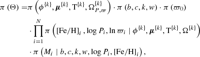 Mathematical equation: $$ \begin{aligned} \begin{split} \pi \left(\mathbf \Theta \right) =& \pi \left(\phi ^{\left\{ k\right\} },\boldsymbol{\mu }^{\left\{ k\right\} },\mathrm{T} ^{\left\{ k\right\} },\Omega _{P,\varpi }^{\left\{ k\right\} }\right) \cdot \pi \left(b,c,k,{ w}\right)\cdot \pi \left(\varpi _0\right) \\& \cdot \prod _{i=1}^{N} \pi \left(\left[\mathrm{Fe/H} \right]_{i},\log P_{i},\ln \varpi _{i}\mid \phi ^{\left\{ k\right\} },\boldsymbol{\mu }^{\left\{ k\right\} },\mathrm{T} ^{\left\{ k\right\} },\Omega ^{\left\{ k\right\} }\right)\\& \cdot \pi \left(M_{i}\mid b, c,k,{ w},\log P_{i},{[\mathrm {Fe/H}]}_{i}\right), \end{split} \end{aligned} $$
