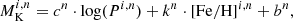Mathematical equation: $$ \begin{aligned} M_{\rm K}^{i,n} = c^{n}\cdot \log (P^{i,n})+k^{n}\cdot {[\mathrm {Fe/H}]}^{i,n}+b^{n}, \end{aligned} $$