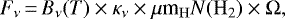 Mathematical equation: \begin{equation*}F_{\nu}\,{=}\,B_{\nu}(T) \times \kappa_{\nu} \times \mu{\textrm{m}}_{\rm{H}} N(\rm{H}_2)\times \Omega ,\end{equation*}