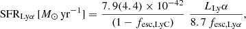 Mathematical equation: $$ \begin{aligned} {\mathrm{SFR}_{\mathrm{Ly}\alpha }\,[{M}_{\odot }\,\mathrm{yr}^{-1}]}=\frac{7.9 (4.4)\times 10^{-42}}{(1-{f}_{\rm esc,LyC})} \, \, \frac{{L}_{\rm Ly}\alpha }{8.7\,{f}_{\mathrm{esc,Ly}\alpha }}, \end{aligned} $$