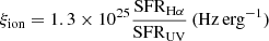Mathematical equation: $ {\xi}_{\mathrm{ion}} = 1.3\times10^{25} \frac{\mathrm{SFR}_{\mathrm{H}\alpha}}{\mathrm{SFR}_{\mathrm{UV}}} \, (\mathrm{Hz}\,\mathrm{erg}^{-1}) $