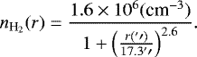 Mathematical equation: \begin{equation*} n_{\textrm{H}_2}(r) = \frac{1.6\times10^{6} ({\textrm{cm}^{-3}})}{1+\left(\frac{r({^{\prime}\prime})}{17.3{^{\prime}\prime}}\right)^{2.6}} .\end{equation*}