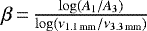 Mathematical equation: $\beta\,{=}\,\frac{\log(A_1/A_3)}{\log(\nu_{{1.1\,\textrm{mm}}}/ \nu_{{3.3\,\textrm{mm}}})}$