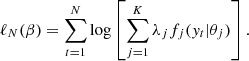 Mathematical equation: $$ \begin{aligned} \ell _N(\beta )=\sum _{t=1}^{N}\log \left[\sum _{j=1}^{K}\lambda _j f_j({ y}_t|\theta _j)\right]. \end{aligned} $$