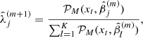Mathematical equation: $$ \begin{aligned}&\hat{\lambda }_j^{(m+1)}=\frac{\mathcal{P} _M(x_t,\hat{\beta }_j^{(m)})}{\sum _{l=1}^{K}\mathcal{P} _M(x_t,\hat{\beta }_l^{(m)})}, \end{aligned} $$