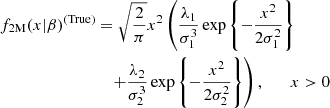 Mathematical equation: $$ \begin{aligned} f_{\text{2M}}(x|\beta )^{\text{(True)}}&=\sqrt{\frac{2}{\pi }}x^2\left( \frac{\lambda _1}{\sigma _1^3}\exp \left\{ -\frac{x^2}{2\sigma _1^2}\right\} \right. \nonumber \\&\quad \left.+\frac{\lambda _2}{\sigma _2^3}\exp \left\{ -\frac{x^2}{2\sigma _2^2}\right\} \right) ,\qquad x>0 \end{aligned} $$