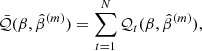 Mathematical equation: $$ \begin{aligned}&\bar{\mathcal{Q} }(\beta ,\hat{\beta }^{(m)})=\sum _{t=1}^{N}\mathcal{Q} _t(\beta ,\hat{\beta }^{(m)}),\end{aligned} $$