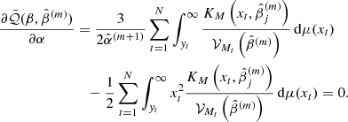 Mathematical equation: $$ \begin{aligned} \frac{\partial \bar{\mathcal{Q} }(\beta ,\hat{\beta }^{(m)})}{\partial \alpha }&=\frac{3}{2\hat{\alpha }^{(m+1)}}\sum _{t=1}^{N}\int _{{ y}_t}^{\infty }\frac{K_M\left(x_t,\hat{\beta }_j^{(m)}\right)}{\mathcal{V} _{M_t}\left(\hat{\beta }^{(m)}\right)}\,\mathrm{d}\mu (x_t)\nonumber \\&\quad -\frac{1}{2}\sum _{t=1}^{N}\int _{{ y}_t}^{\infty }x_t^2\frac{K_M\left(x_t,\hat{\beta }_j^{(m)}\right)}{\mathcal{V} _{M_t}\left(\hat{\beta }^{(m)}\right)}\,\mathrm{d}\mu (x_t)=0. \end{aligned} $$