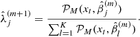 Mathematical equation: $$ \begin{aligned} \hat{\lambda }_j^{(m+1)}=\frac{\mathcal{P} _M(x_t,\hat{\beta }_j^{(m)})}{\sum _{l=1}^{K}\mathcal{P} _M(x_t,\hat{\beta }_l^{(m)})}\cdot \end{aligned} $$