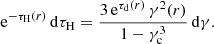 Mathematical equation: $$ \begin{aligned} {\mathrm{e} }^{-{\tau _{{\mathrm{H} }}}(r)}\, {\mathrm{d} }{\tau _{{\mathrm{H} }}} = \frac{3\, {\mathrm{e} }^{{\tau _{{\mathrm{d} }}}(r)}\, \gamma ^2(r)}{1-\gamma _{{\mathrm{c} }}^{3}} \, {\mathrm{d} }\gamma . \end{aligned} $$