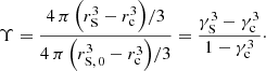 Mathematical equation: $$ \begin{aligned} \Upsilon = \frac{4\, \pi \, \Bigl (r_{{\mathrm{S} }}^{3}-r_{{\mathrm{c} }}^{3}\Bigr )/3}{ 4\, \pi \, \Bigl (r_{{\mathrm{S} ,\,0}}^{3}-r_{{\mathrm{c} }}^{3}\Bigr )/3} = \frac{\gamma _{\mathrm{S} }^{3}-{\gamma _{\mathrm{c} }^{3}}}{1-\gamma _{{\mathrm{c} }}^{3}}\cdot \end{aligned} $$
