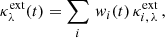 Mathematical equation: $$ \begin{aligned} \kappa _\lambda ^{\mathrm{ext} }(t) = \sum _{i} \, { w}_i(t)\, \kappa _{i,\,\lambda }^{\mathrm{ext} }\,, \end{aligned} $$