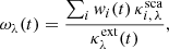 Mathematical equation: $$ \begin{aligned} \omega _\lambda (t) = \frac{\sum _i { w}_i(t)\, \kappa _{i,\,\lambda }^{\mathrm{sca} }}{ \kappa _\lambda ^{\mathrm{ext} }(t)}, \end{aligned} $$