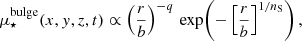 Mathematical equation: $$ \begin{aligned} \mu _{\star }^{\mathrm{bulge} }(x, { y}, z, t) \propto \left(\frac{r}{b}\right)^{-q}\, \exp \!\left(-\left[\frac{r}{b}\right]^{1/{n_{\mathrm{S} }}}\right), \end{aligned} $$