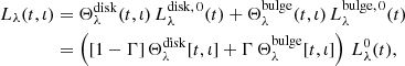 Mathematical equation: $$ \begin{aligned} \! L_\lambda (t, \iota )&= \Theta _\lambda ^{\mathrm{disk} }(t, \iota ) \, L_\lambda ^{{\mathrm{disk} },\,0}(t) + \Theta _\lambda ^{\mathrm{bulge} }(t, \iota )\, L_\lambda ^{{\mathrm{bulge} },\,0}(t) \nonumber \\&= \left( [1-{\Gamma }]\, \Theta _\lambda ^{\mathrm{disk} }[t, \iota ] +{\Gamma }\, \Theta _\lambda ^{\mathrm{bulge} }[t, \iota ]\right)\,{L^{0}_\lambda }(t), \end{aligned} $$