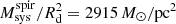 Mathematical equation: $ M_{\mathrm{sys}}^{\mathrm{spir}}/R_{{\mathrm{d}}}^2 = 2915\, M_\odot/{\mathrm{pc}}^2 $