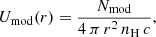 Mathematical equation: $$ \begin{aligned} U_{{\mathrm{mod} }}(r) = \frac{N_{{\mathrm{mod} }}}{4\, \pi \, r^2\, {n_{{\mathrm{H} }}}\, c}, \end{aligned} $$