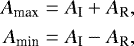 Mathematical equation: \begin{align*} A_{\textrm{max}}& = A_{\textrm{I}}+A_{\textrm{R}},\\ A_{\textrm{min}}& = A_{\textrm{I}}-A_{\textrm{R}}, \end{align*}