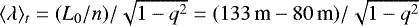 Mathematical equation: $\langle\lambda\rangle_{t}=(L_{0}/n)/\sqrt{1-q^2} = (133\,\text{m}-80\,\text{m}) /\sqrt{1-q^2}$