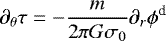 Mathematical equation: \begin{equation*}\partial_{\theta} \tau = -\frac{m }{2 \pi G \sigma_{0}}\partial_{r} \phi^{\textrm{d}} \, \end{equation*}