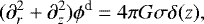 Mathematical equation: \begin{equation*}(\partial_{r}^2 +\partial_{z}^2) \phi^{\textrm{d}}=4 \pi G \sigma \delta(z), \end{equation*}