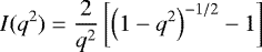Mathematical equation: \begin{equation*} I(q^2)= \frac{2}{q^2}\left[ \left(1-q^2\right)^{-1/2} -1\right] \end{equation*}