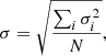 Mathematical equation: $$ \begin{aligned} \sigma =\sqrt{\frac{\sum _i\sigma _i^2}{N}}, \end{aligned} $$