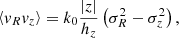 Mathematical equation: $$ \begin{aligned} \left<{ v}_R{ v}_z\right> = k_0 \frac{\left|z\right|}{h_z} \left(\sigma _R^2-\sigma _z^2\right), \end{aligned} $$