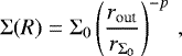 Mathematical equation: \begin{equation*}\Sigma(R) \;{=}\; \Sigma_{0}\left( \frac{r_{\textrm{out}}}{r_{\Sigma_{0}}} \right)^{-p} \,, \end{equation*}