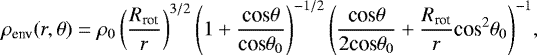 Mathematical equation: \begin{equation*}\mathrm{\rho_{\textrm{env}}}(r,\mathrm{\theta}) \;{=}\; \mathrm{\rho_{0}}\left( \frac{R_{\textrm{rot}}}{r} \right)^{3/2} \left(1 + \frac{\textrm{cos} \mathrm{\theta}}{\textrm{cos} \theta_{0}} \right)^{-1/2} \left( \frac{\textrm{cos} \theta}{2 \textrm{cos} \theta_{0}} + \frac{R_{\textrm{rot}}}{r}\textrm{cos}^{2}\theta_{0} \right)^{-1}\!, \end{equation*}