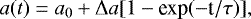 Mathematical equation: \begin{equation*}a(t)=a_0+\Delta a[1-\textrm{exp}(-\textrm{t}/\tau)], \end{equation*}