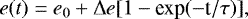 Mathematical equation: \begin{equation*} e(t)=e_0+\Delta e[1-\textrm{exp}(-\textrm{t}/\tau)], \end{equation*}