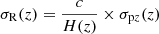 Mathematical equation: $ \sigma_{\mathrm{R}}(z) = \frac{c}{H(z)} \times \sigma_{\mathrm{p}z}(z) $