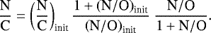 Mathematical equation: \begin{equation*}\frac{\textrm{N}}{\textrm{C}} = \left(\frac{\textrm{N}}{\textrm{C}}\right)_{\textrm{init}} \frac{1+\left({\textrm{N}}/{\textrm{O}}\right)_{\textrm{init}}} {\left({\textrm{N}}/{\textrm{O}}\right)_{\textrm{init}}} ~\frac{{\textrm{N}}/{\textrm{O}}} {1+{\textrm{N}}/{\textrm{O}}}. \end{equation*}