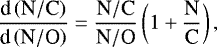 Mathematical equation: \begin{equation*} \frac{\textrm{d}\left({\textrm{N}}/{\textrm{C}}\right)} {\textrm{d}\left({\textrm{N}}/{\textrm{O}}\right)} = \frac{{\textrm{N}}/{\textrm{C}}}{{\textrm{N}}/{\textrm{O}}} \left(1+\frac{\textrm{N}}{\textrm{C}}\right), \end{equation*}