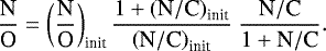 Mathematical equation: \begin{equation*}\frac{\textrm{N}}{\textrm{O}} = \left(\frac{\textrm{N}}{\textrm{O}}\right)_{\textrm{init}} \frac{1+\left({\textrm{N}}/{\textrm{C}}\right)_{\textrm{init}}} {\left({\textrm{N}}/{\textrm{C}}\right)_{\textrm{init}}} ~\frac{{\textrm{N}}/{\textrm{C}}} {1+{\textrm{N}}/{\textrm{C}}}. \end{equation*}