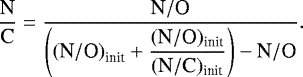 Mathematical equation: \begin{equation*}\delimiterfactor 1000 \frac{\textrm{N}}{\textrm{C}} = \frac{\displaystyle{\textrm{N}}/{\textrm{O}}} {\displaystyle\left(\left({\textrm{N}}/{\textrm{O}}\right)_{\textrm{init}} + \frac{(\textrm{N}/\textrm{O})_{\textrm{init}}} {(\textrm{N}/\textrm{C})_{\textrm{init}}}\right) -{\textrm{N}}/{\textrm{O}}}. \end{equation*}