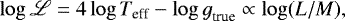 Mathematical equation: \begin{equation*} \log\mathscr{L} = 4\log {{T_{\textrm{eff}}}} - {\log {g}}_{\textrm{true}} \propto \log(L/M), \end{equation*}