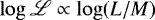 Mathematical equation: $\log\mathscr{L}\propto\log (L/M)$