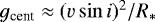 Mathematical equation: ${g}_{\textrm{cent}}\approx({v\sin i})^{2}/{R_{\ast}}$