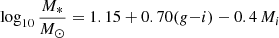 Mathematical equation: $ \log_{10} \frac{M_{*}}{M_{\odot}} = 1.15 + 0.70(g{-}i) - 0.4\,M_{i} $