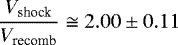 Mathematical equation: \begin{equation*} \frac{V_{\textrm{shock}}}{V_{\textrm{recomb}}}\cong 2.00\pm0.11\end{equation*}