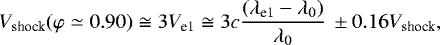 Mathematical equation: \begin{equation*} V_{\textrm{shock}}(\varphi\simeq 0.90) \cong 3V_{\textrm{e1}} \cong 3c\frac{(\lambda_{\textrm{e1}}-\lambda_{0})}{\lambda_{0}} \,\pm0.16V_{\textrm{shock}},\end{equation*}