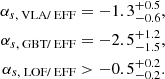 Mathematical equation: $$ \begin{aligned} \alpha _{s, \text{ VLA} \text{/} \text{ EFF}}&= -1.3_{-0.6}^{+0.5},\\ \alpha _{s, \text{ GBT} \text{/} \text{ EFF}}&= -2.5_{-1.5}^{+1.2},\\ \alpha _{s, \text{ LOF} \text{/} \text{ EFF}}&> -0.5_{-0.2}^{+0.2}. \end{aligned} $$